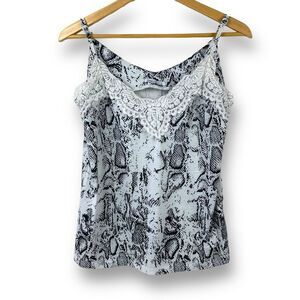 Pink Milly Women's Size L Snakeskin Print Cami Tank Black White With Lace‎ Trim